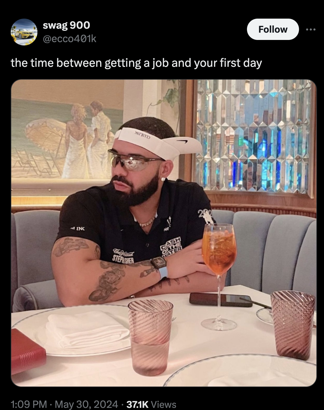 drake with visor - swag 900 the time between getting a job and your first day Norto Stepler Views